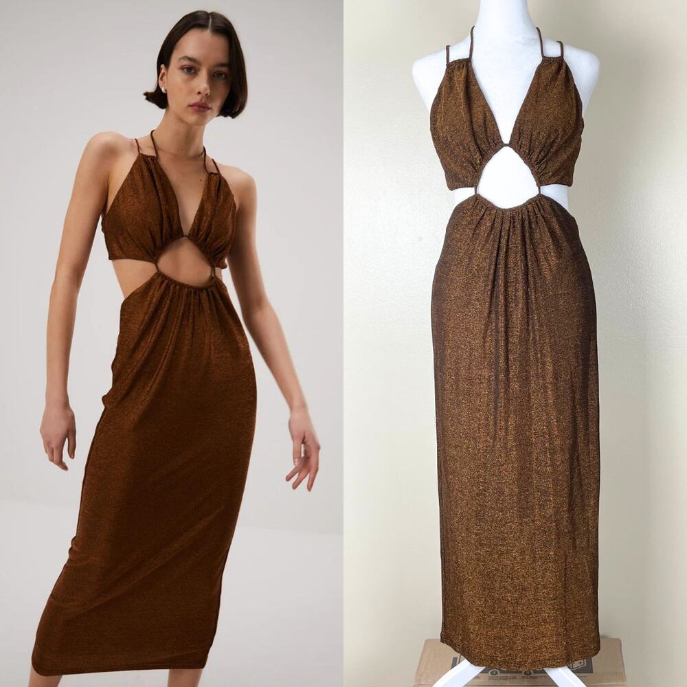 Misha Collection Vanora Dress Womens M Copper Sparkle Slinky Jersey Midi Dress